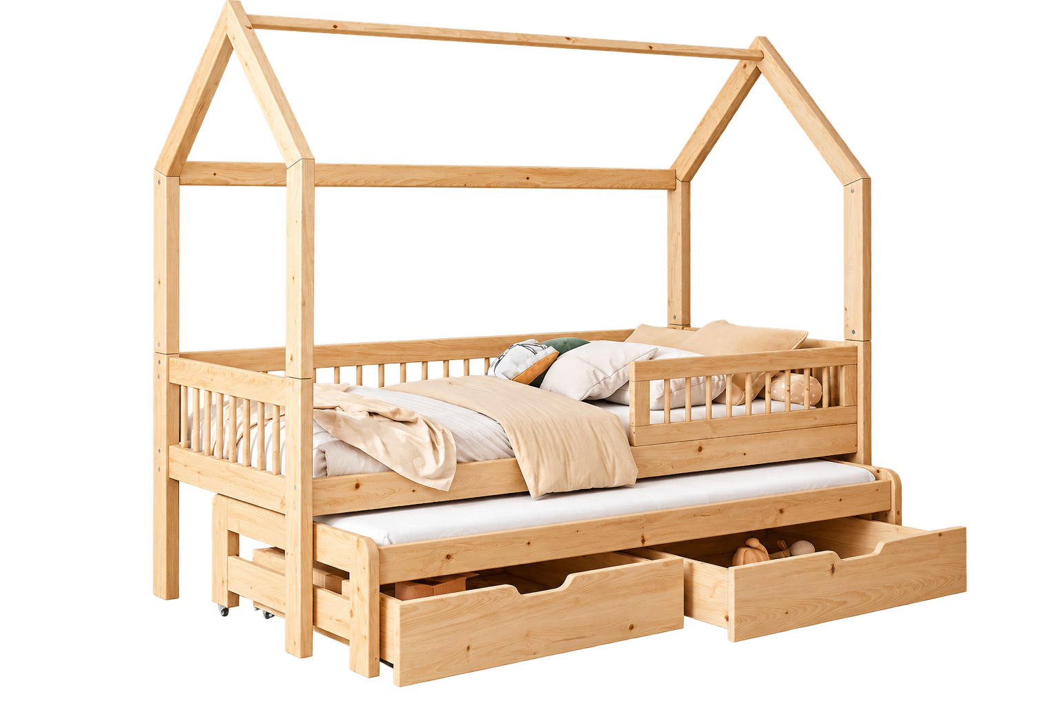 KINDERBETT 90x200 cm Farbe kiefer ASHER II Hausbett aus Massivholz mit Rausfallschutz, Gästebett, 2 Schubladen und 2 Matratzen - Braun, Holz (90/200cm)
