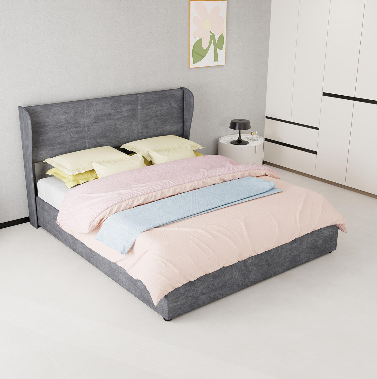 POLSTERBETT 160/200 cm mit gepolstertem Kopfteil und Bettkasten, Grau - Grau, Textil (160/200cm) - Redom