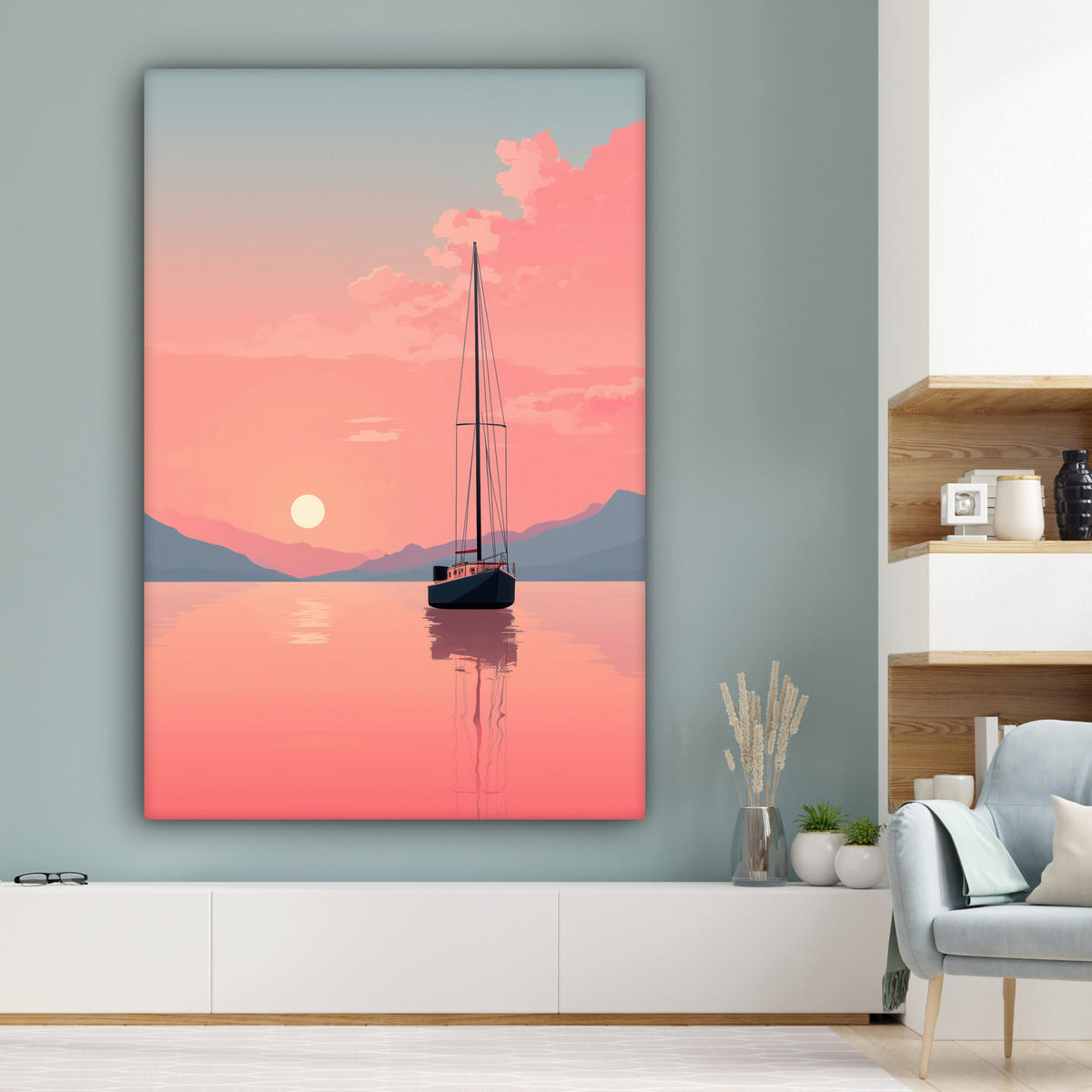 OBRAZ NA PLÁTNĚ Plachetnice - Růžové moře - Západ slunce - Hory 90x140 cm - růžová, textil (90/140cm) - MuchoWow