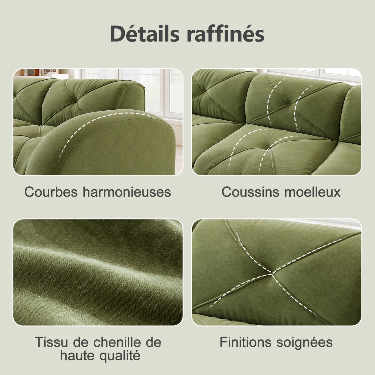 3-SITZER SOFA chenille in weiß oder grün, rahmenlos & montagefrei - Grün, Textil (281/76/95cm) - Urban Meuble