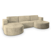 WOHNLANDSCHAFT VEZZO M Creme Velours-Stoff mit Schlaffunktion - Creme, Holz (347/85/174cm) - MASSENO