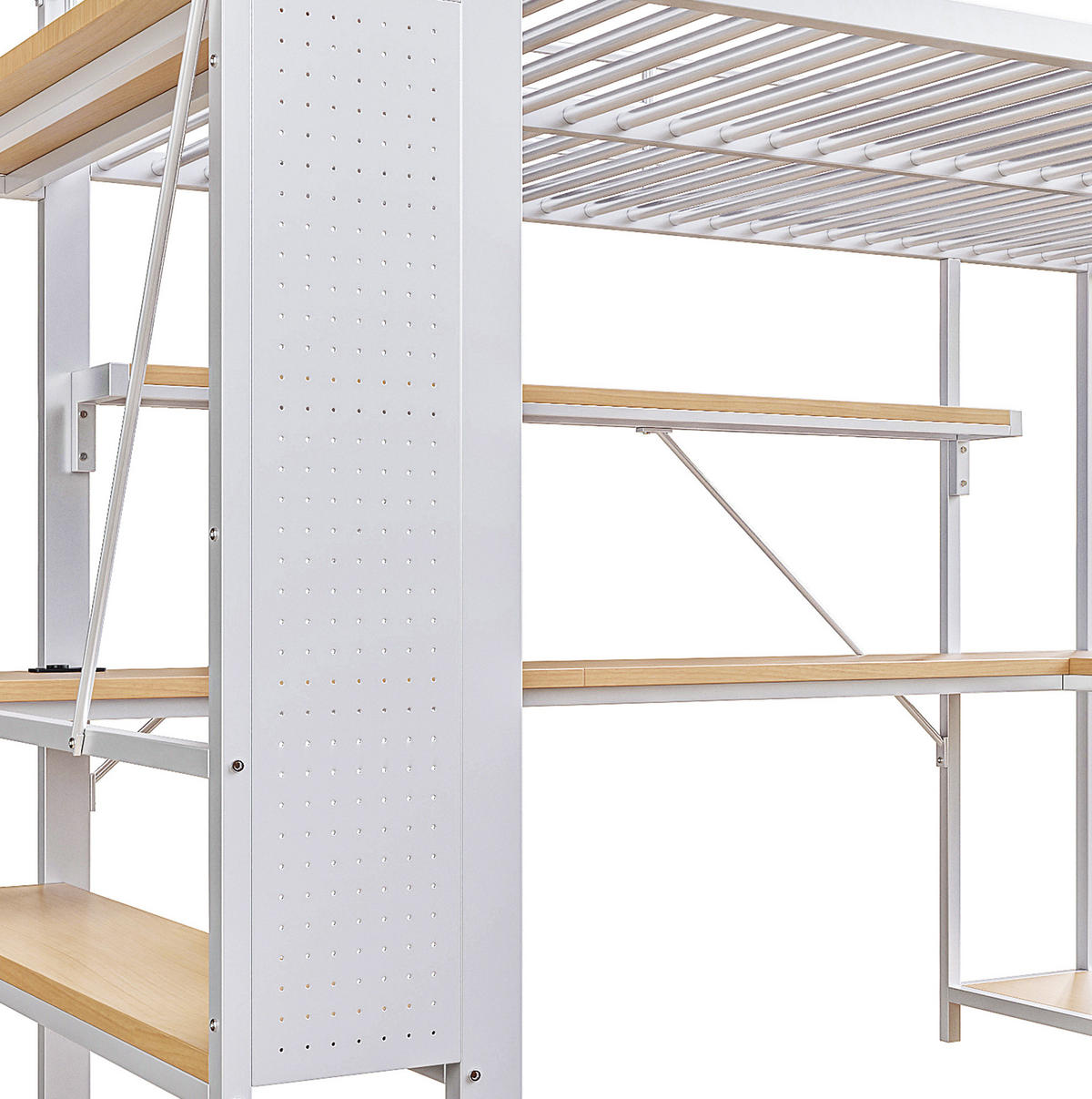 HOCHBETT 140/200 cm Weiß aus Metall mit LED, Schreibtisch und Stauraum - Weiß, Metall (140/200cm) - OKWISH