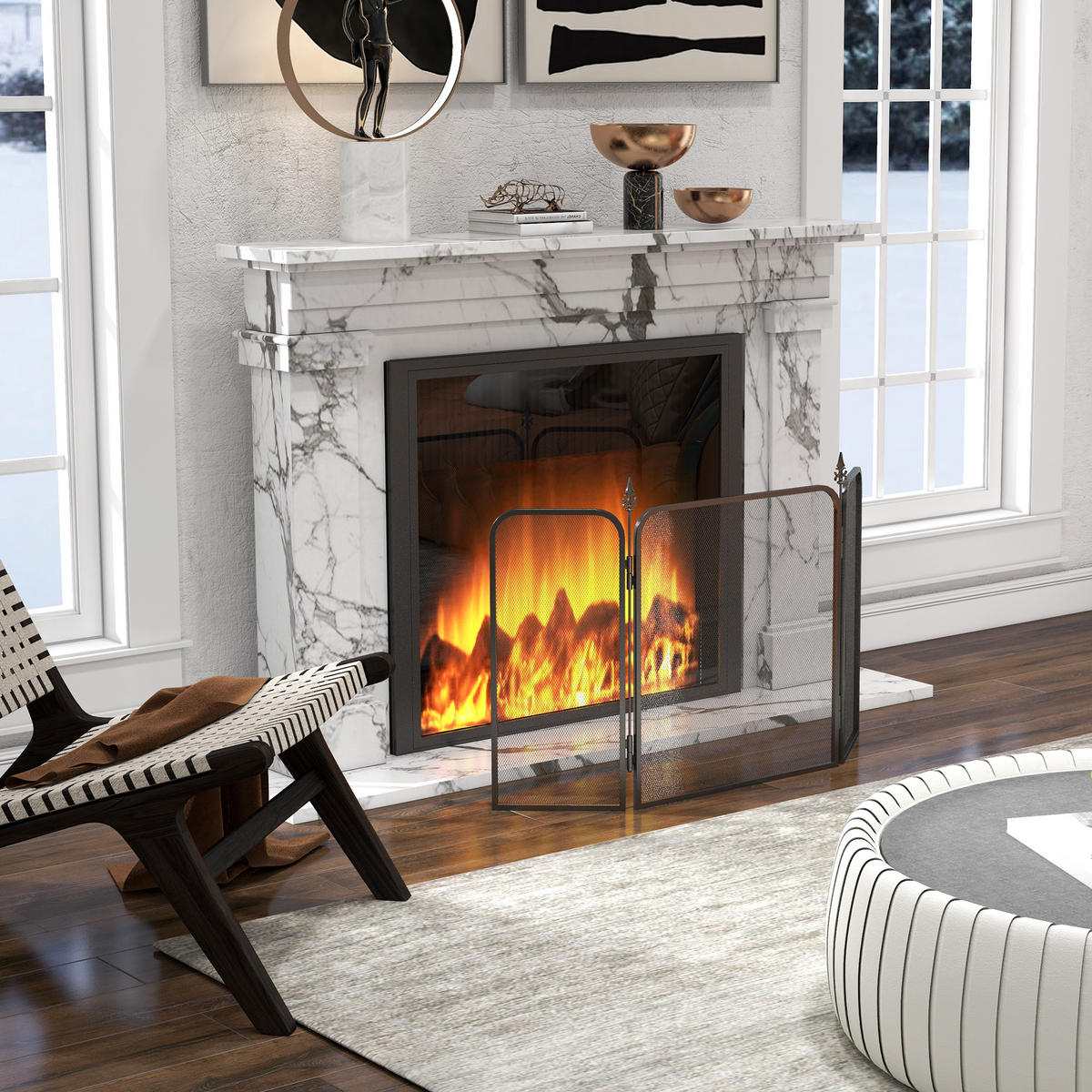 KAMINSCHUTZGITTER - Schwarz, Metall (1.3/56/96cm) - HOMCOM