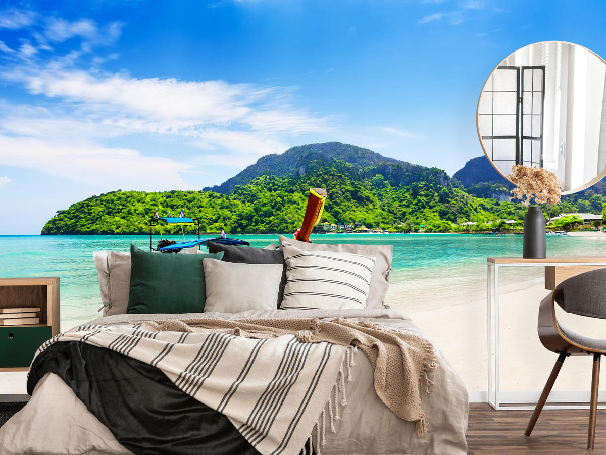 FOTOTAPETE für Schlafzimmer Boot Tropenstrand Palmen Meer 200x140 - Türkis/Blau, Papier (200/140cm) - Muralo