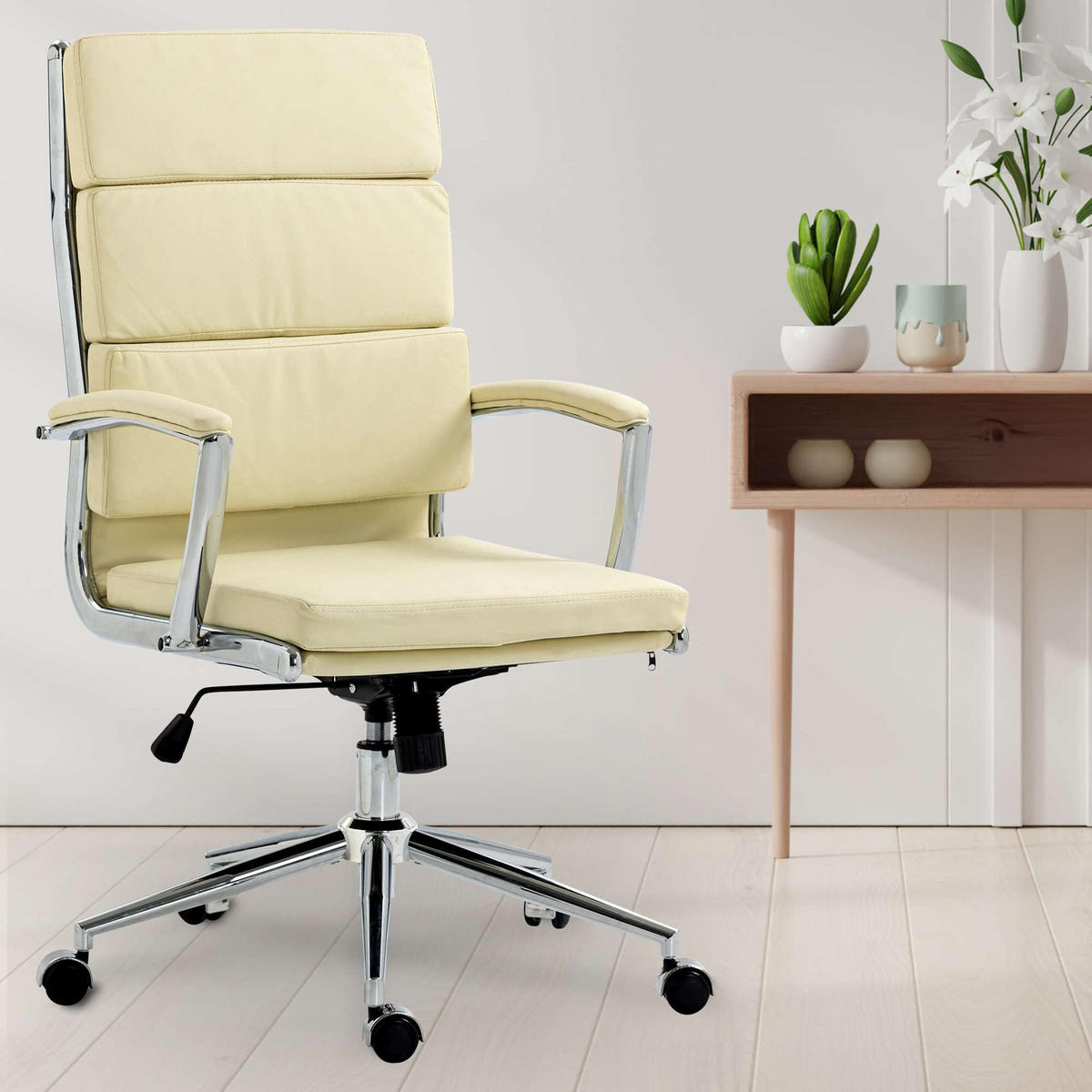 BÜROSTUHL Cyron Kunstleder creme - Chromfarben/Creme, Metall (61/115/65cm) - TPFLiving