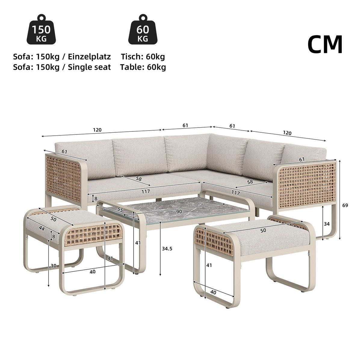 LOUNGESET 6-7 Personen Beige Rattan Mit Verstellbaren Füßen - Beige, Metall - FLIEKS