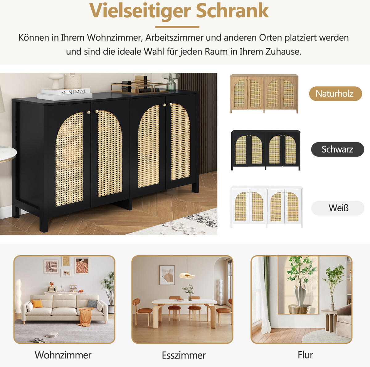 SIDEBOARD aus MDF mit 4 Kunst-Rattantüren und Metallgriffen Schwarz - Schwarz, Holzwerkstoff (145/40/80cm) - Modenvie
