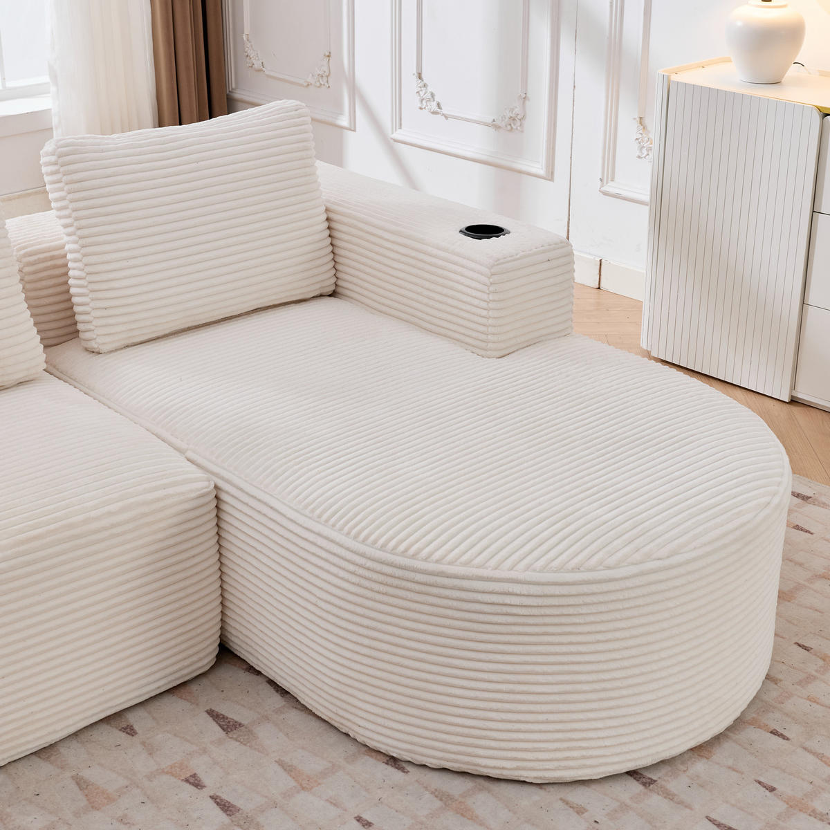2-SITZER ECKSOFA Cord Beige mit Kissen und Becherhalter - Beige, Textil (265/176cm) - WISHDOR