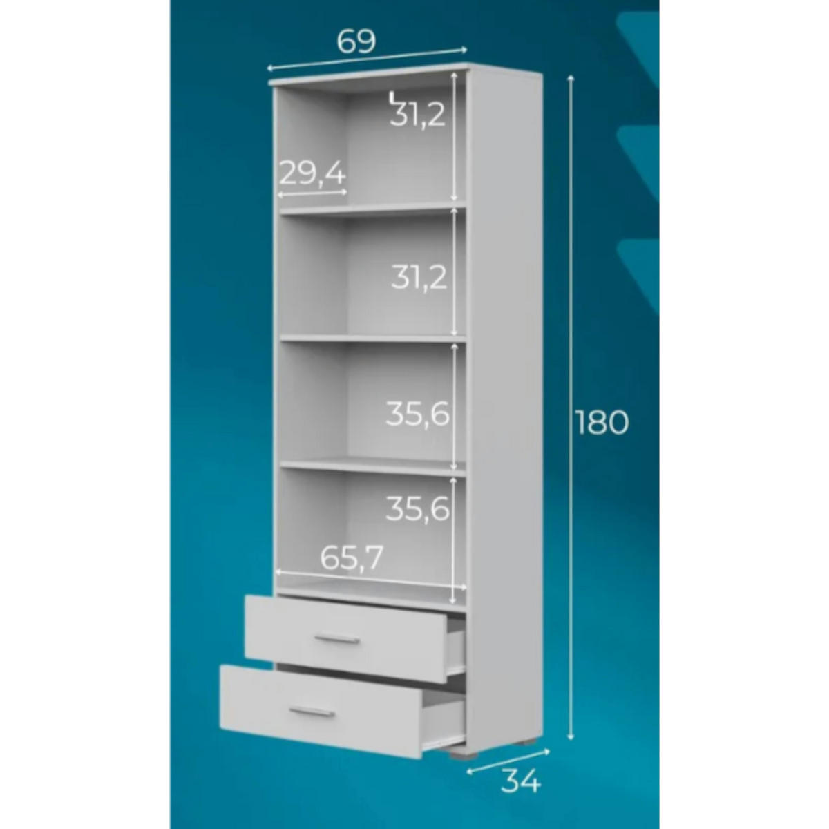 BÜCHERREGAL FAUSKE REG4-2S Schubladen Weiß - Weiß, Holzwerkstoff/Kunststoff (69/180/34cm) - Komodee