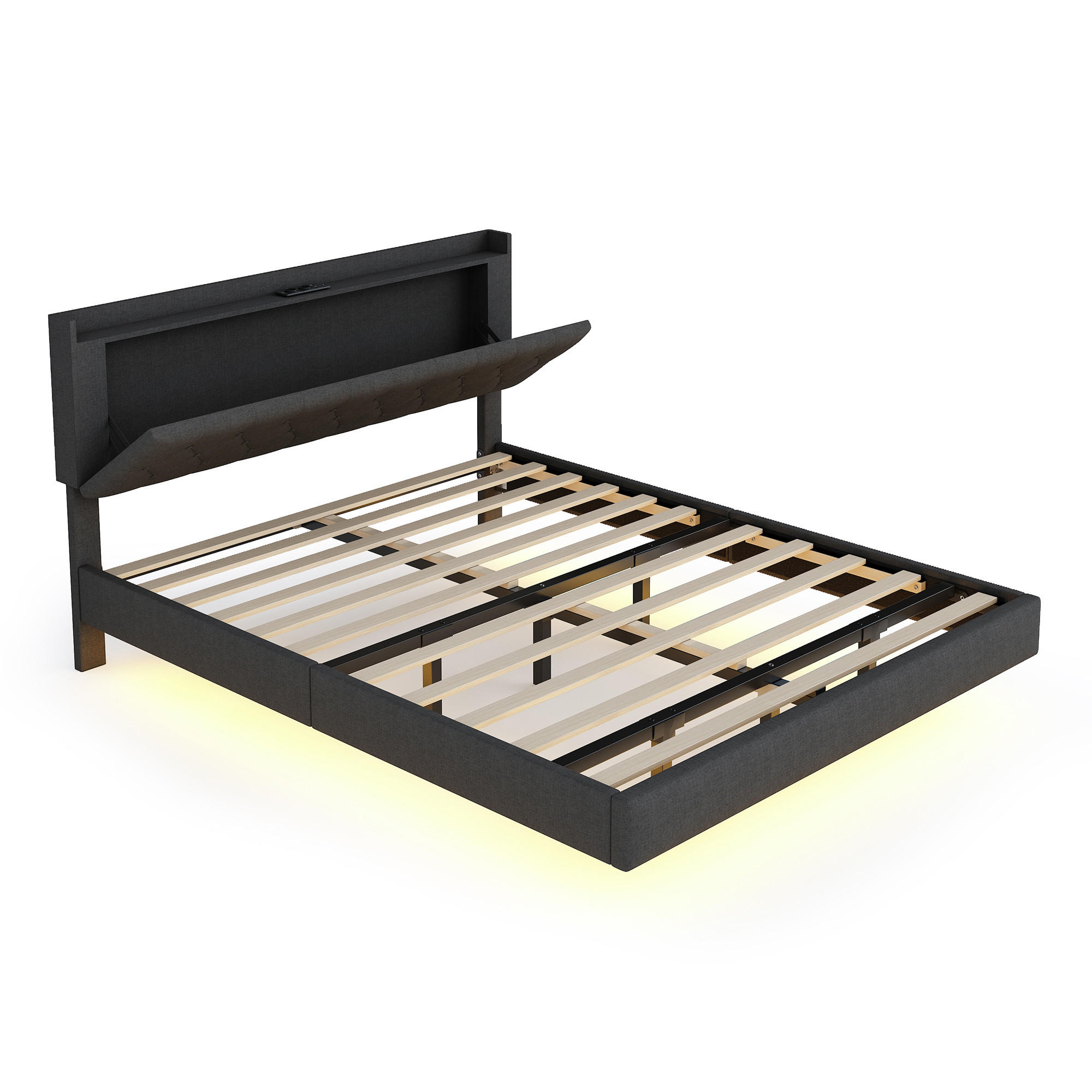 POLSTERBETT 160/200 cm grau mit USB-Ladeanschluss und LED-Farbwechsel-Lichtleiste - Grau, Textil (160/200cm) - OKWISH