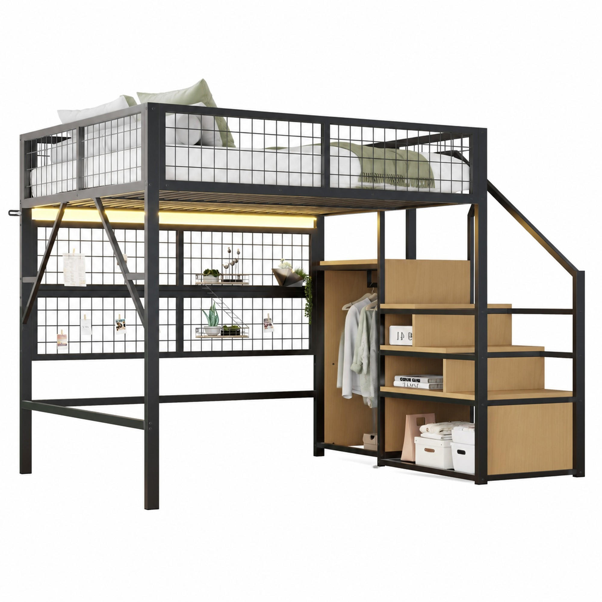 HOCHBETT 140/200 mit Stauraumtreppe, APP-LED und offenem Kleiderschrank in Schwarz - Schwarz, Holzwerkstoff/Metall (140/200cm) - EVRYAE