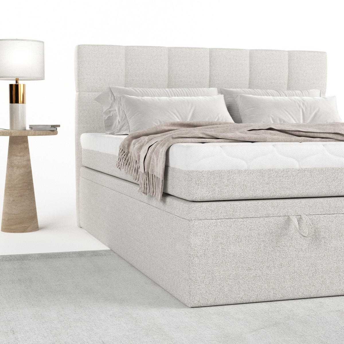 BOXBETT Elano 160/200 cm Hellbeige im Riva Stoff - Sandfarben/Schwarz, Holz/Holzwerkstoff (160/200cm) - AltaBeds