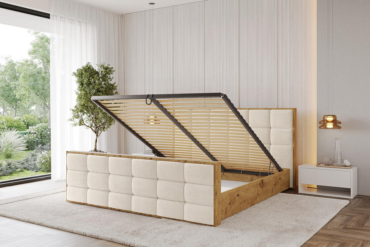 POLSTERBETT mit Bettkasten, Fußteil und Lattenrost, Boxbett ohne Matratze - ENZO2-Z 180x200 Beige - Creme, Holzwerkstoff/Textil (180/200cm) - ALTDECOR