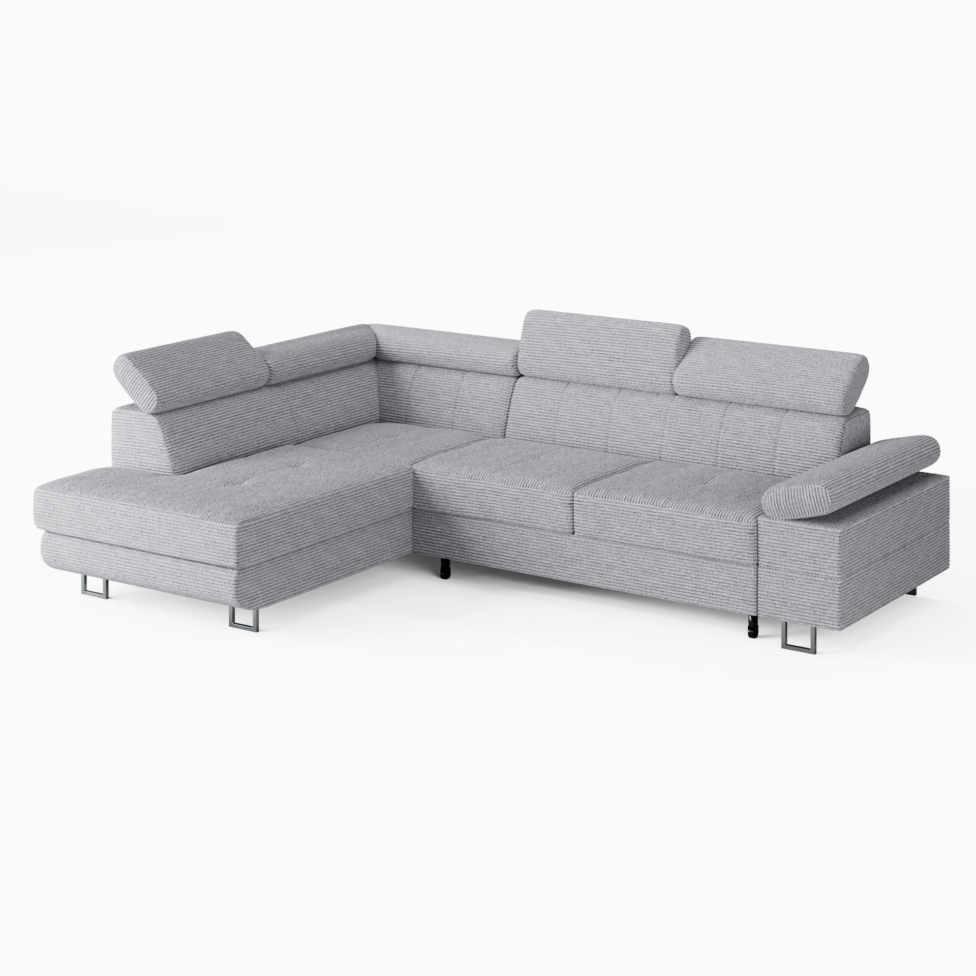 ECKSOFA CAROLINE Links Hellgrau Cord-Stoff L-Form Couch mit Schlaffunktion & Bettkasten - Chromfarben/Hellgrau, Textil (253/190cm)