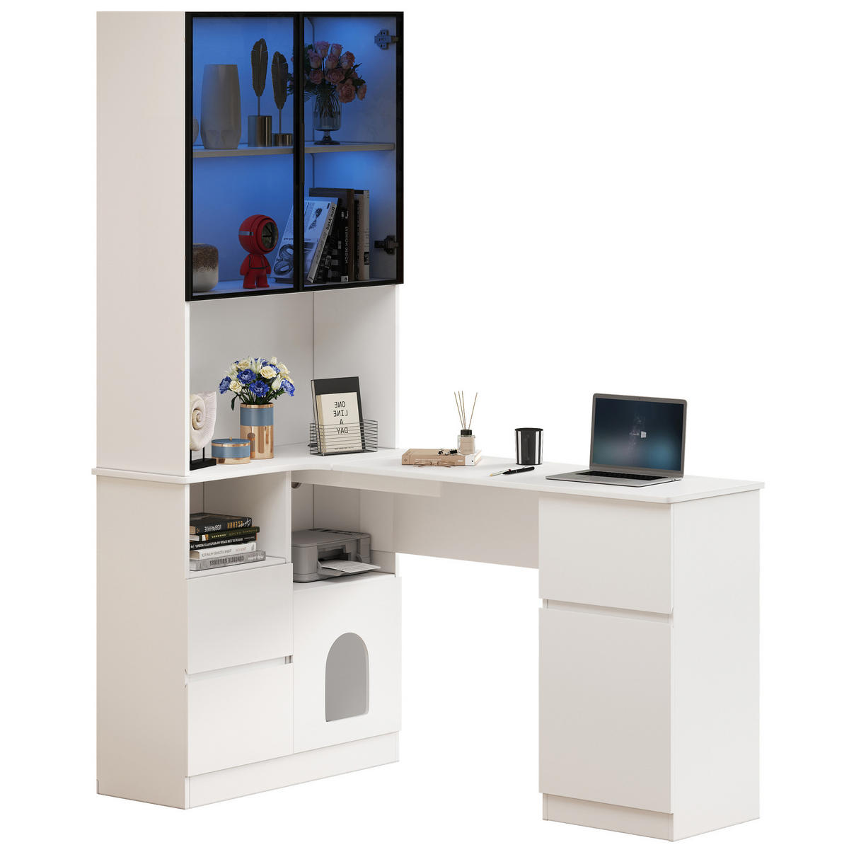 HIGHBOARD 120/80/180 cm in Weiß mit Regal, LED-Beleuchtung und Highboardnschrank - Weiß, Holzwerkstoff (120/180/80cm) - Flora Grace