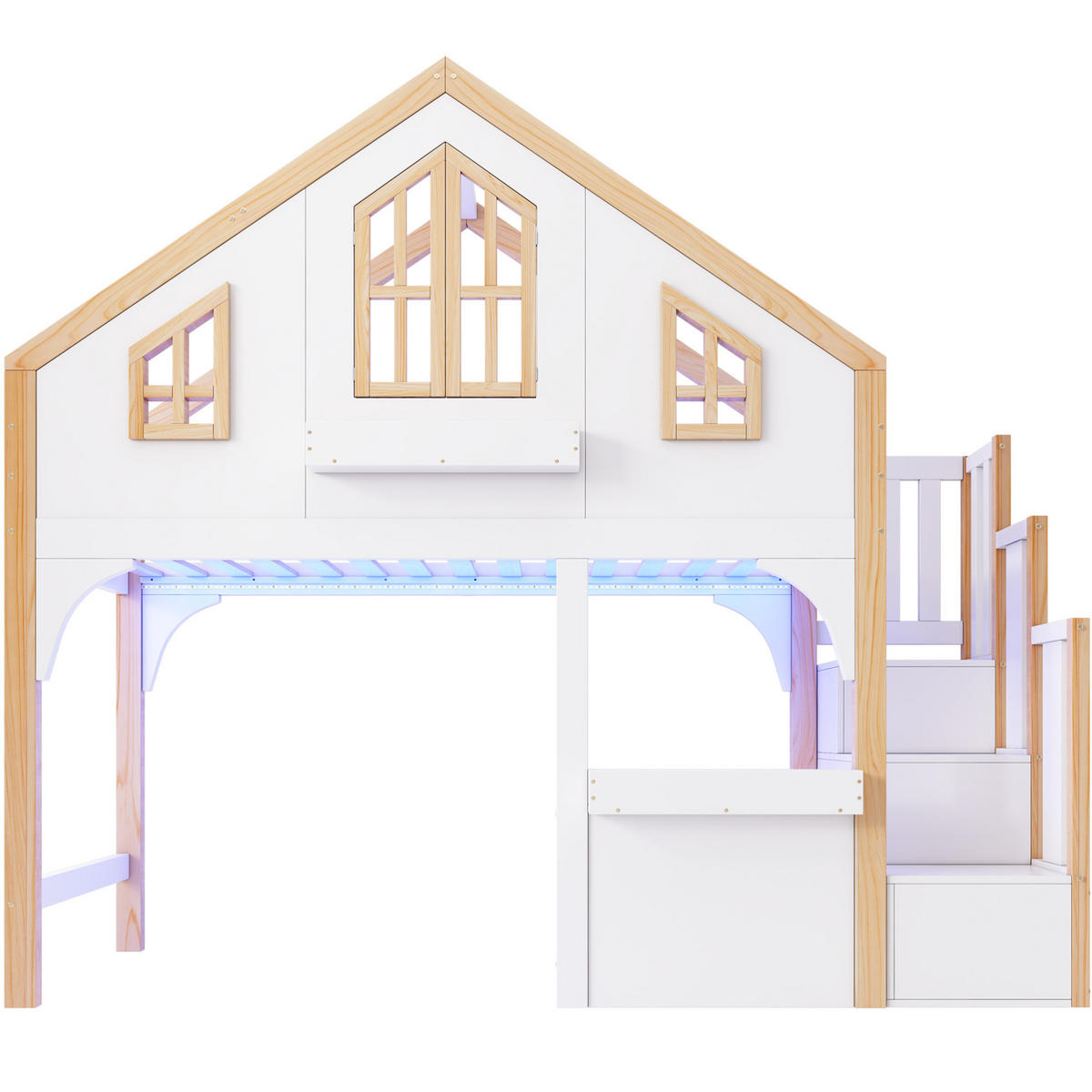 HOCHBETT aus Kiefer 90x200 cm Weiß mit LED, Stauraumtreppe und Fensterdetail - Weiß, Holzwerkstoff (90/200cm) - Modfu
