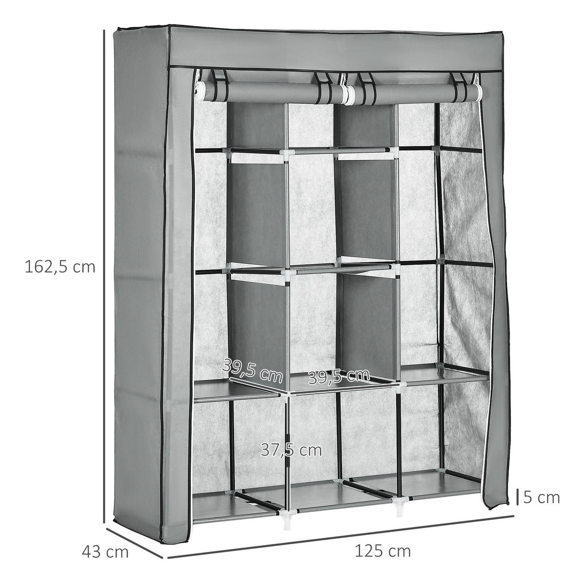 STOFFSCHRANK, Kleiderschrank, Hellgrau - Hellgrau, Metall (43/162.5/125cm) - HOMCOM