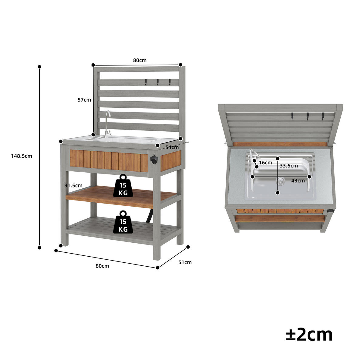 GARTENSCHRANK Outdoor Wasserhahn Flaschenöffner Arbeitsfläche - Naturfarben, Holz (51/141/80cm) - FLIEKS