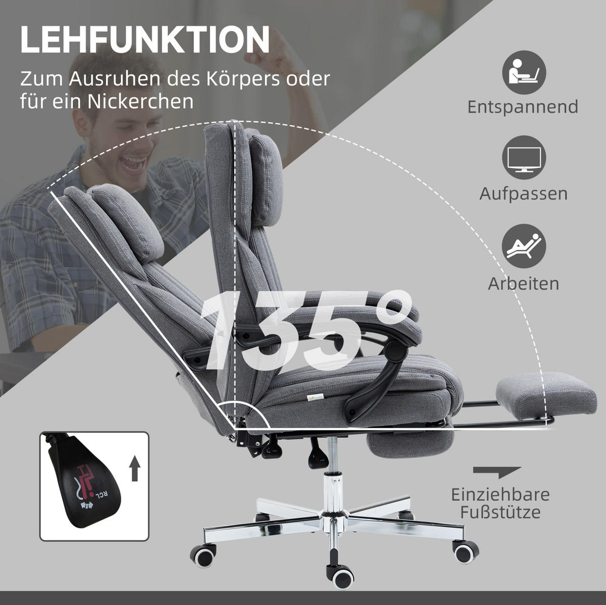 BÜROSTUHL in Grau 61x65x113 cm mit Vibrationsmassage, Liegefunktion und Fußstütze - Grau, Textil (65/113/61cm) - IVMEU