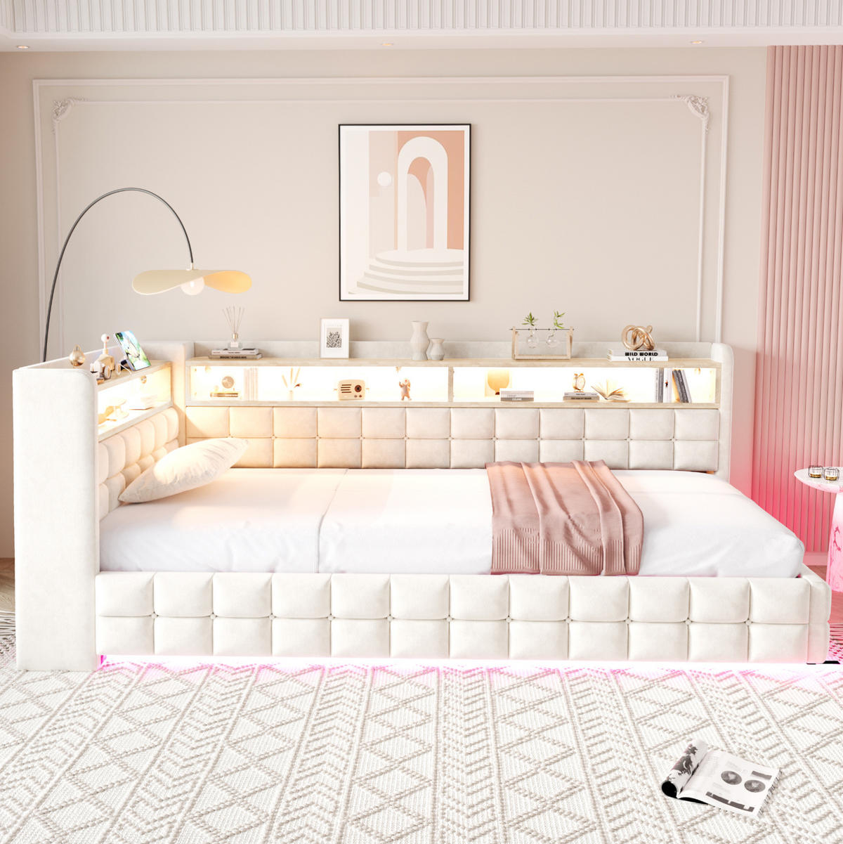 POLSTERBETT 90/200 cm Beige mit Stauraum mit LED-Beleuchtung und USB- und Type-C-Anschlüssen - Beige, Textil (90/200cm) - OKWISH