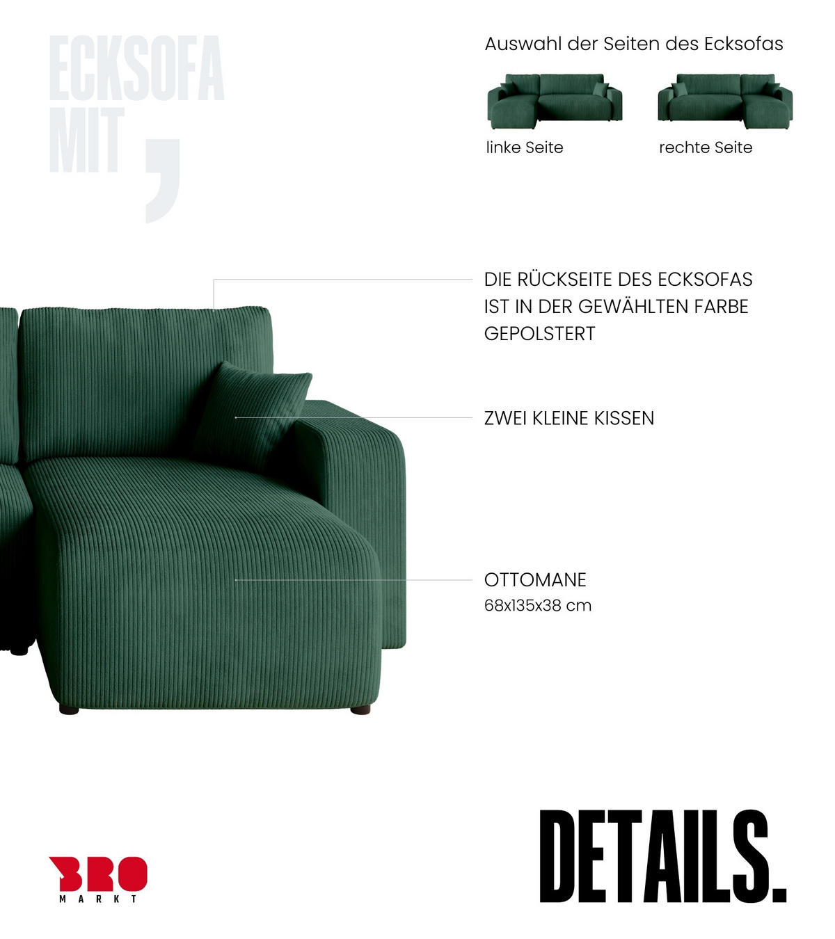 ECKSOFA PUMI mit Schlaffunktion Dunkelgrün Cord - Dunkelgrün, Textil (244/148cm) - Bromarkt