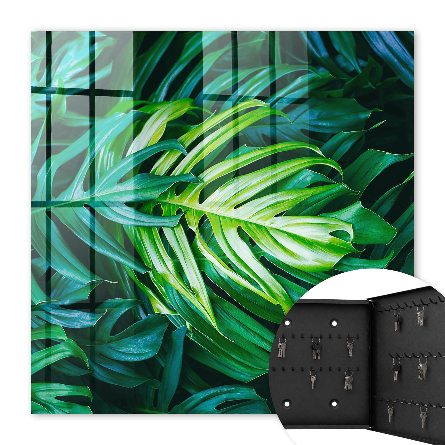 SCHLÜSSELBOX Schwarz 30x30 cm- Türöffnung nach rechts - Grüne Blätter - Grün, Metall (30/30/5cm) - TULUP