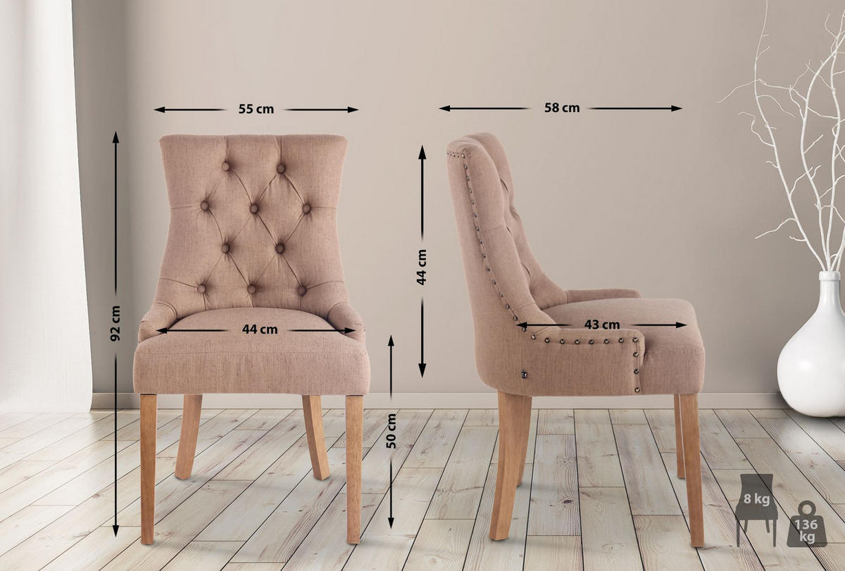 WOHNZIMMERSTUHL 2er Set Stoff taupe - Taupe/Naturfarben, Holz/Textil (55/92/58cm) - CLP