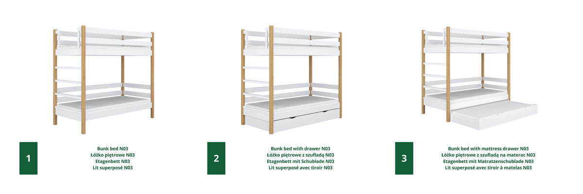ETAGENBETT N03 mit Matratzenschublade Weiß / Eiche Natur 120/180 - Eiche Artisan/Weiß, Naturmaterialien/Holz (120/180cm) - N-Wood