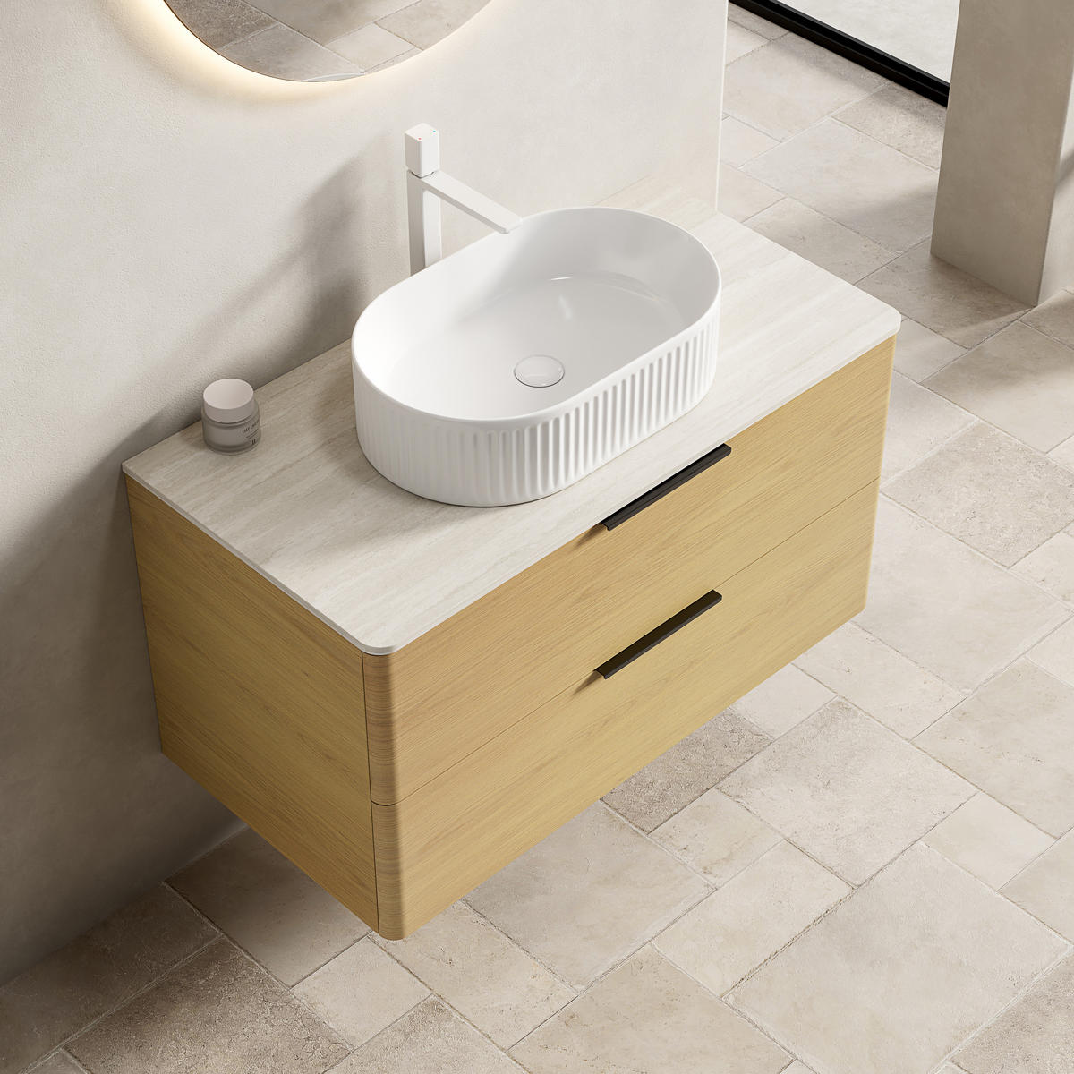 WASCHTISCHKOMBI 90x46x62.2cm Beige/Eiche/Weiß mit ovalem Keramikbecken & Travertin-Arbeitsplatte - Eichefarben, Keramik (90/62.2/46cm) - Modfu