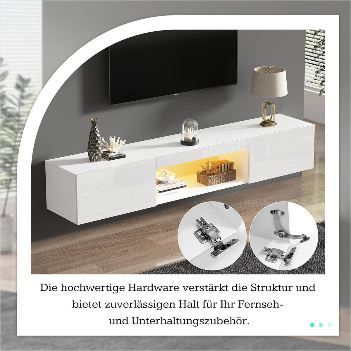 TV-SCHRANK 160x31cm wandmontierbar Hochglanzweiß LED bis 70 Zoll 30KG - Weiß, Holz (39.5/13/170.5cm) - FLIEKS