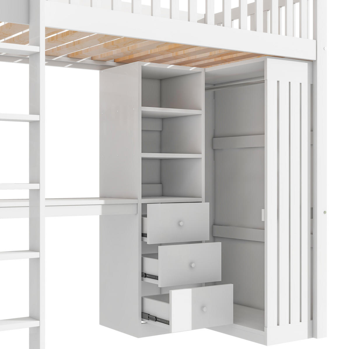 HOCHBETT aus Kiefer und MDF 90x200 cm Weiß mit Schreibtisch, Kleiderschrank, 3 Schubladen und Treppe - Weiß, Holz (90/200cm) - Modfu