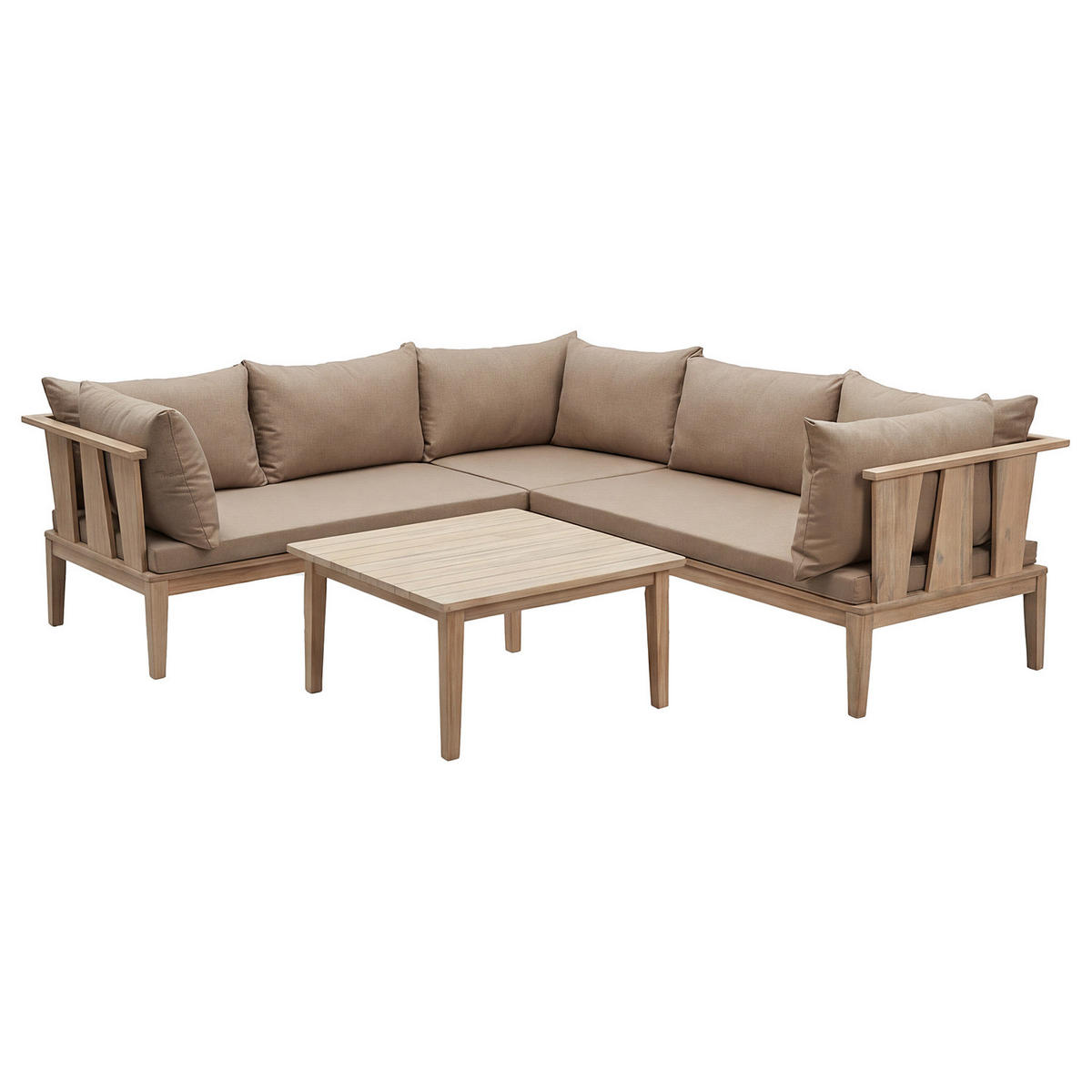 LOUNGESET - 4-teilig - Akazie massiv / Webstoff - Braun / Taupe - Taupe, Holz/Textil - home24
