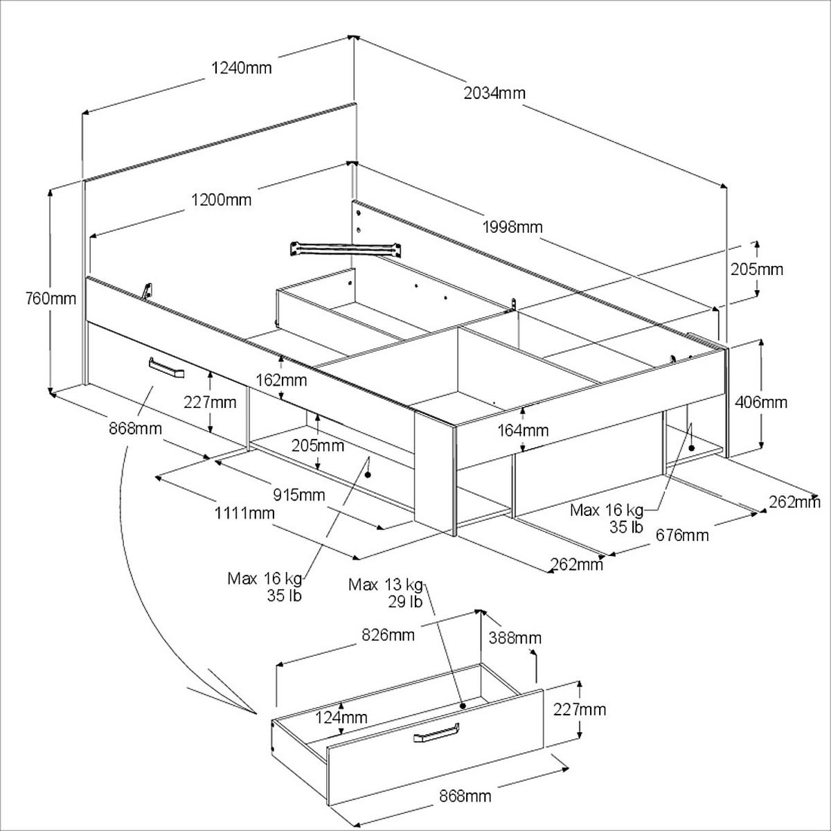 STAURAUMBETT weiß, Eiche Liegefläche 120 x 200 cm, Bett inklusive Bettschubkasten - Eichefarben/Weiß, Holzwerkstoff/Metall (120/200cm) - Parisot Meuble