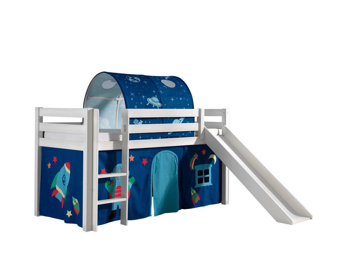 HOCHBETT mit Rutsche Karolina Massivholz Weiß Textilset Astro 2 - Blau/Weiß, Holz (90/200cm) - 58aufmkessel