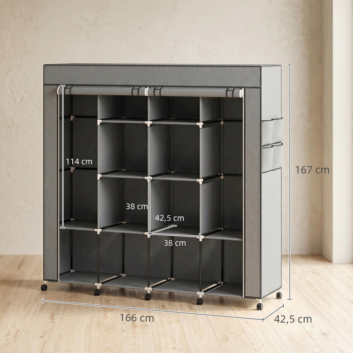 STOFFSCHRANK Stahl, Vliesstoff Dunkelgrau - Dunkelgrau, Textil/Metall (42.5/167/166cm) - HOMCOM