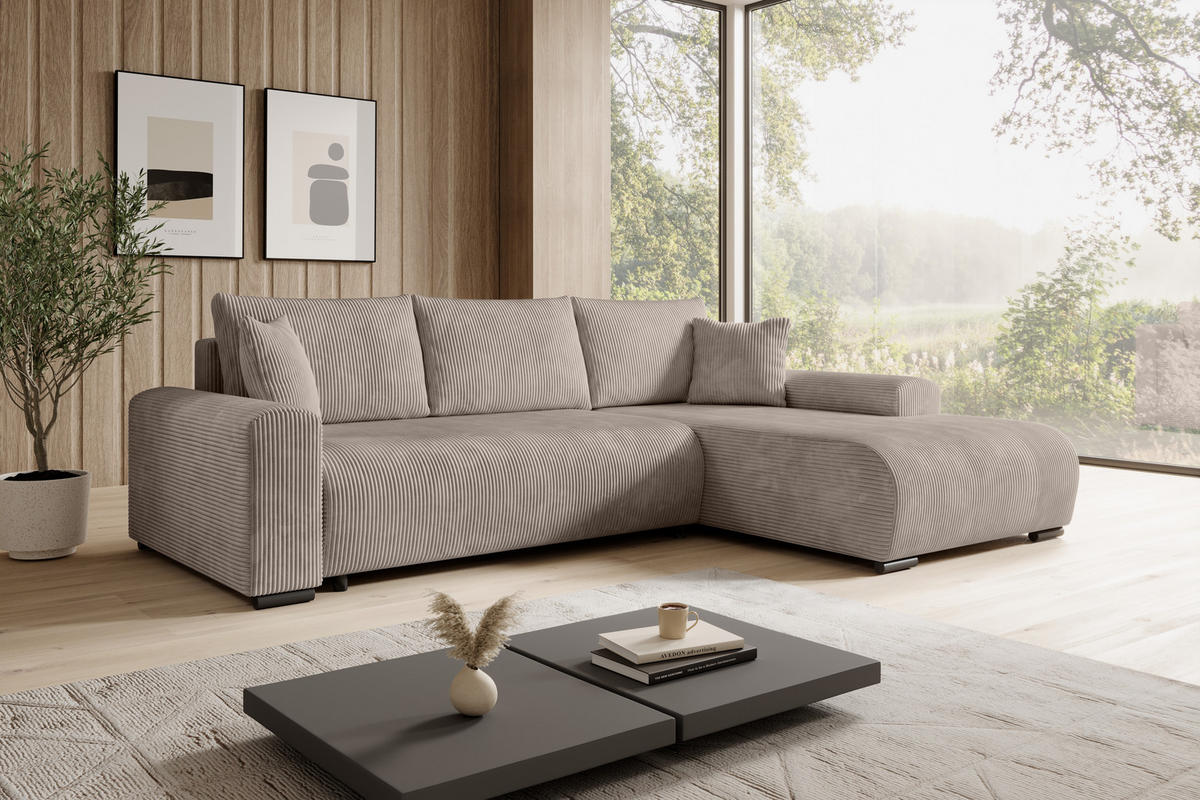 ECKSOFA Nelly mit Bettkasten und Schlaffunktion, Cordstoff in L-Form - Beige, Textil (270/185cm)