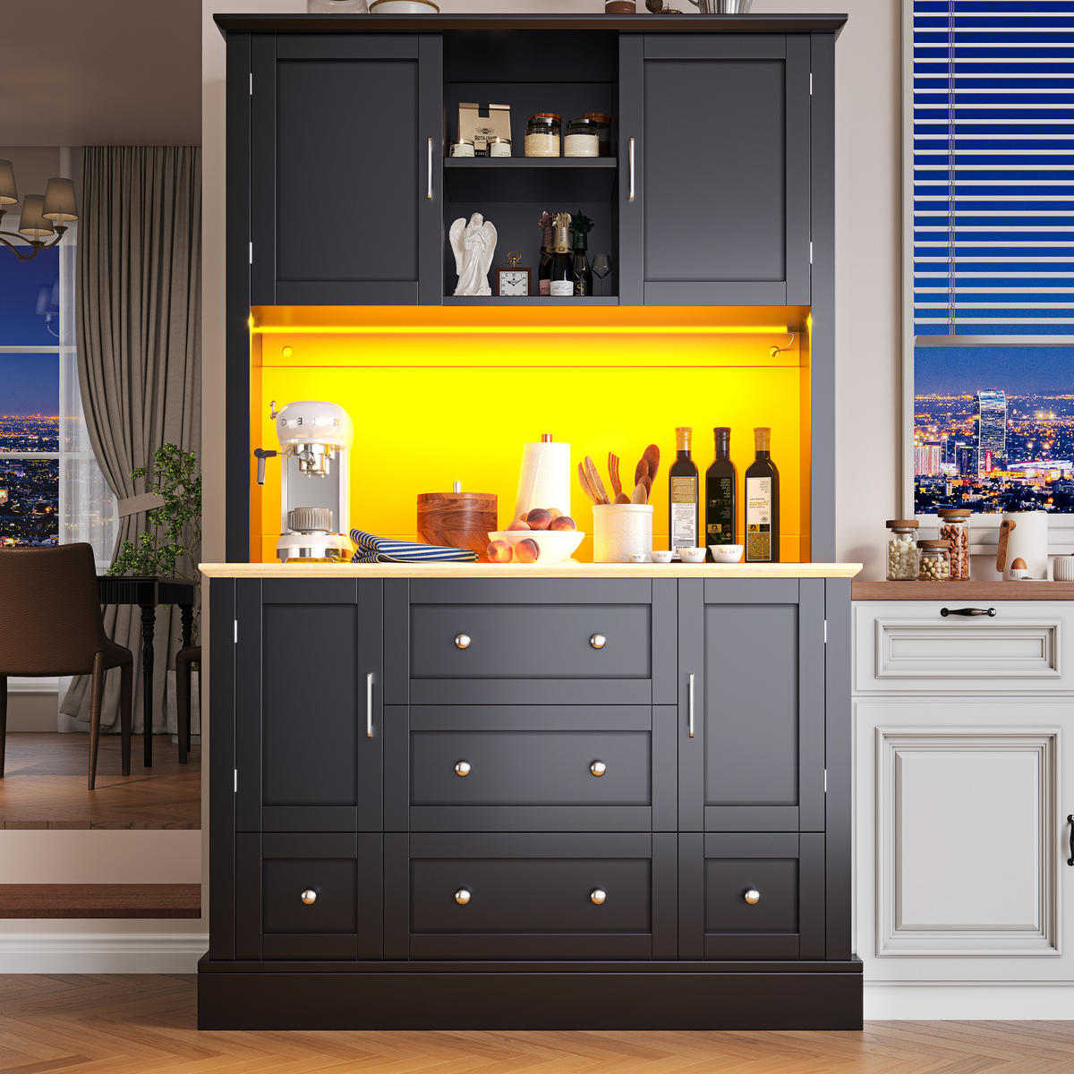 SKŘÍŇ na nádobí 115×40×180 cm, MDF/kov, černá-přírodní, s LED osvětlením a aplikací - černá, kompozitní dřevo (115/180/40cm) - BEAOK