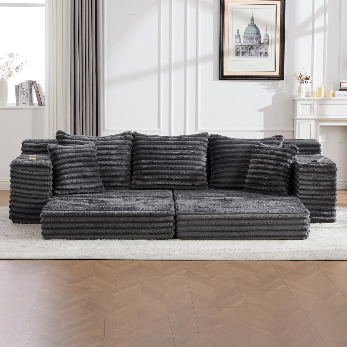 SCHLAFSOFA aus Cord mit Getränkehaltern und Kissen, Dunkelgrau - Dunkelgrau, Textil (107.48/34.25/38.58cm)