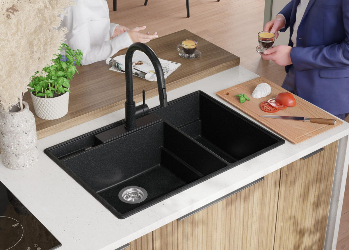 SPÜLBECKEN Paris, 2-er set Anthrazit 78/53 cm 2 Becken + Ablauf-Set + Küchenzubehörset ab 80er Unterschrank - Chromfarben/Edelstahlfarben, Kunststoff (78/20/53cm) - Primagran