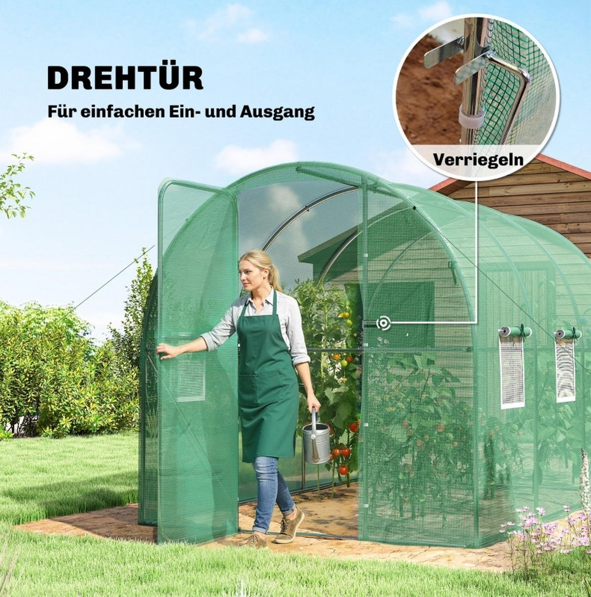 GEWÄCHSHAUS 200/300/200 cm in Grün mit 6 Fenstern und abschließbarer Tür - Grün, Kunststoff (300/200/200cm) - Flora Grace