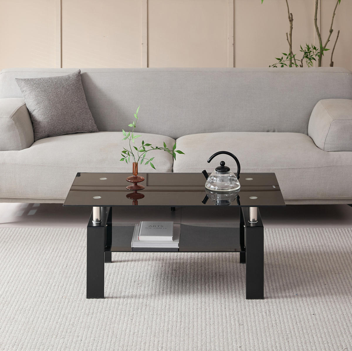 COUCHTISCH mit 2 Glasböden 100x60 cm Glas Metall Schwarz - Schwarz, Metall (100/60/44cm) - Meubliv
