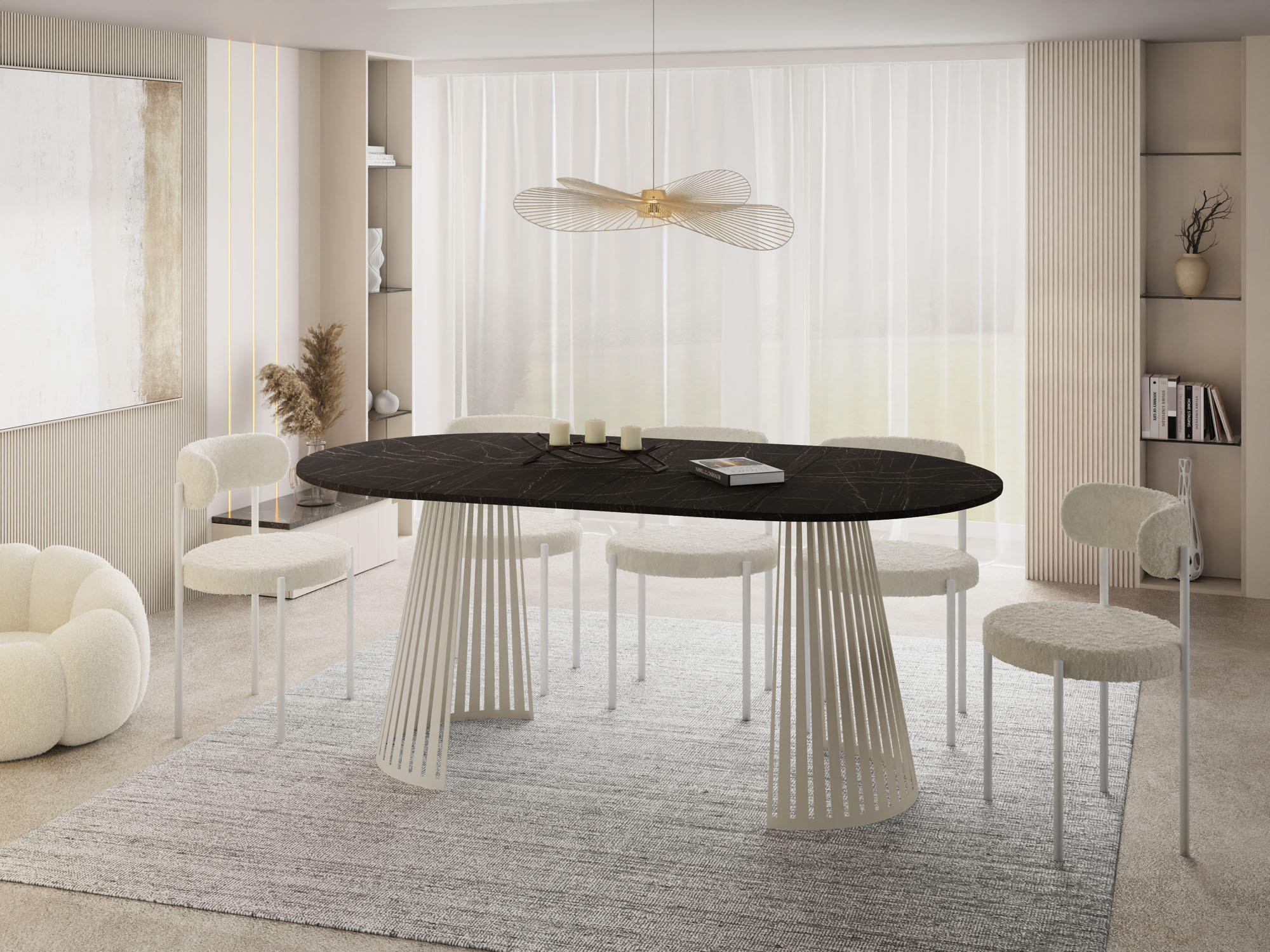 ESSTISCH Naro runder ausziehbarer, Marmor Schwarz 100-180/100/76 cm - Kaschmir/Anthrazit, Holzwerkstoff/Metall (100/100/76cm) - WFL GROUP