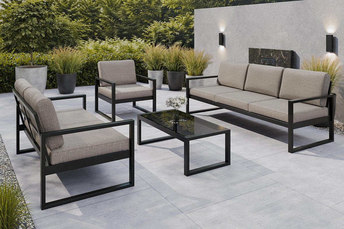 GARTENSET Madera für 6 Personen Balkonmöbel Aluminium Terassenmöbel Sitzbank, 4-tlg. Tisch schwarz, graubeige - Beige/Schwarz, Kunststoff/Metall - Margaret Hadas24