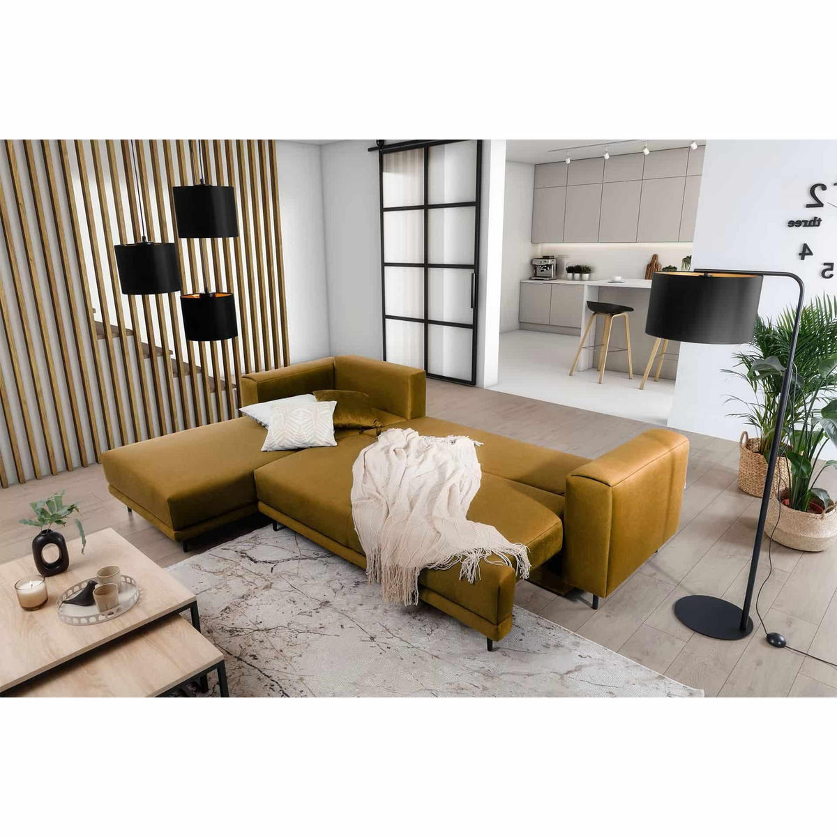 ECKSOFA mit Schlaffunktion und Bettkasten, Loco-Stoff - Gelb/Schwarz, Textil/Metall (289/190cm) - Eltap