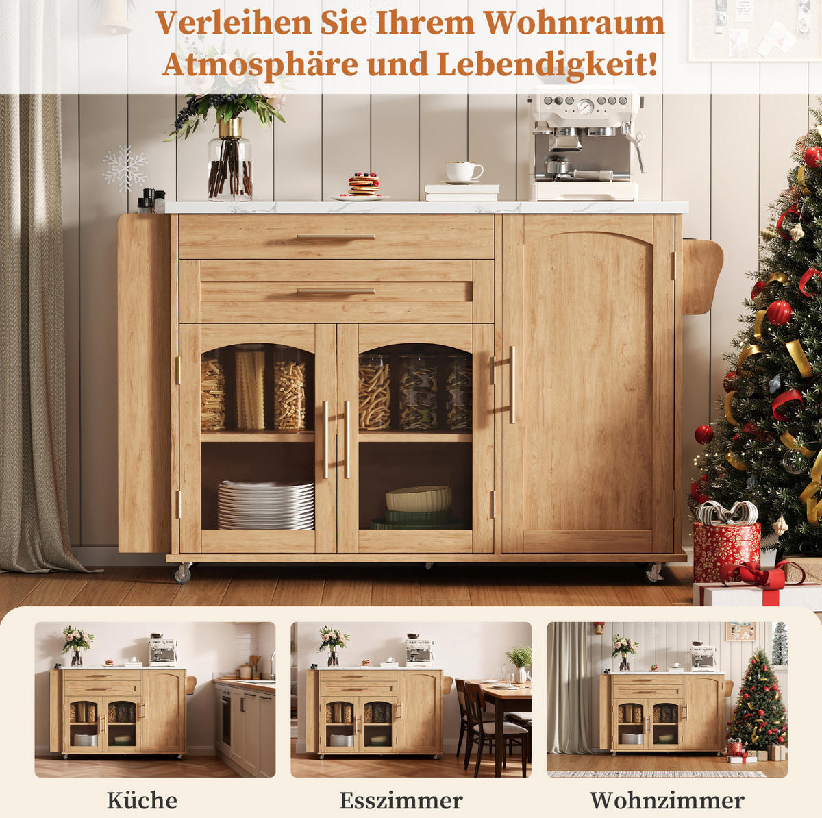 MOBILNI kuhinjski otok 138/70/90 cm prirodna od MDF-a sa sklopivom radnom pločom i kotačima - prirodne boje, drvni materijal (138/90/70cm) - OKWISH