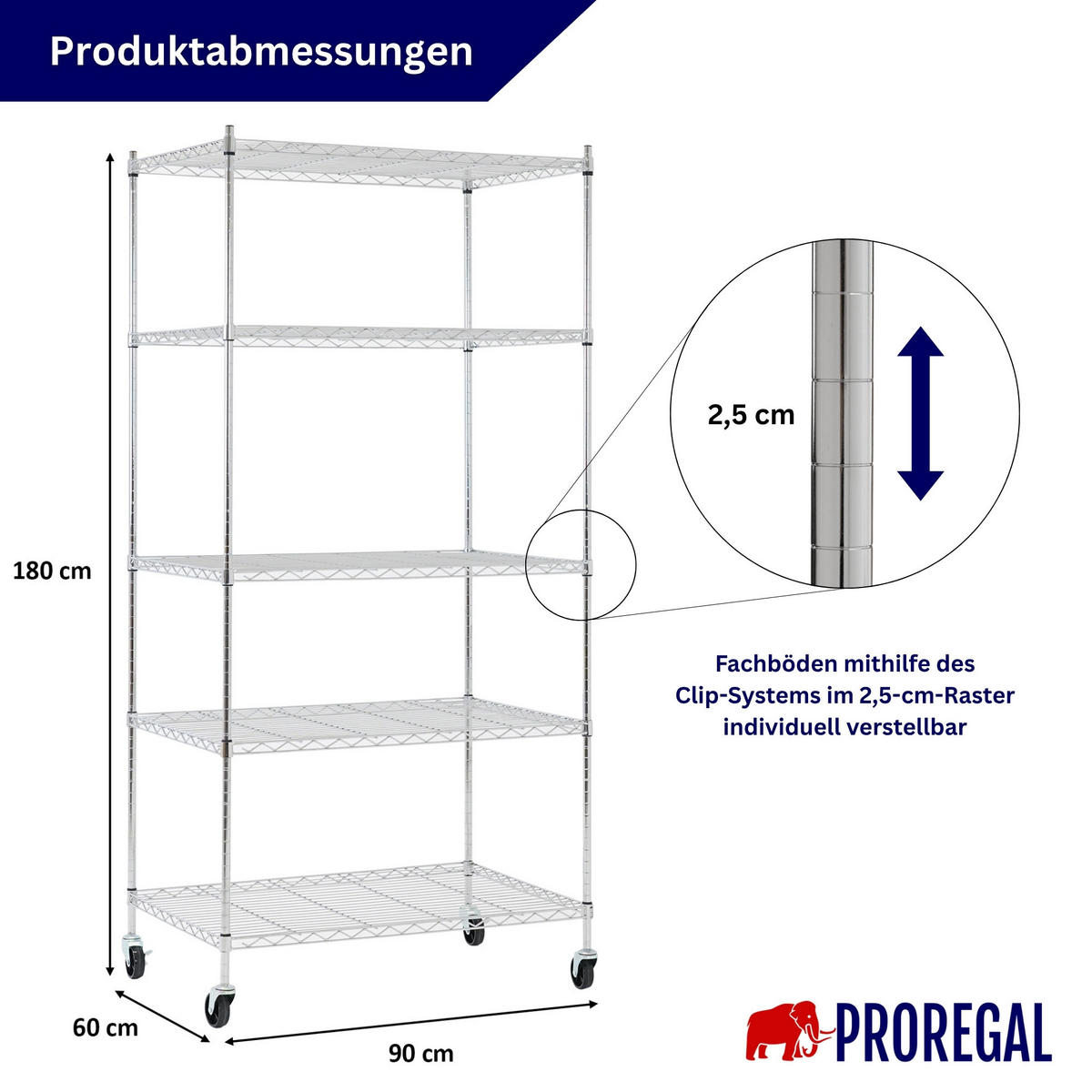 GITTERREGAL HADES mit Rollen & 5 Gitterböden Metall 180x90x60cm Silber - Silberfarben, Metall (90/180/60cm) - PROREGAL