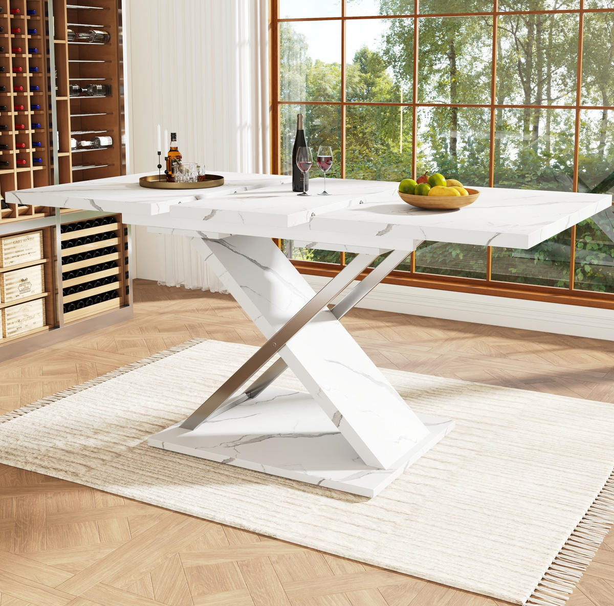 JEDÁLENSKÝ stôl 118/157/75 cm biela MDF s kovom, rozkladací - biela, kompozitné drevo (118/75/76.4cm) - BEAOK