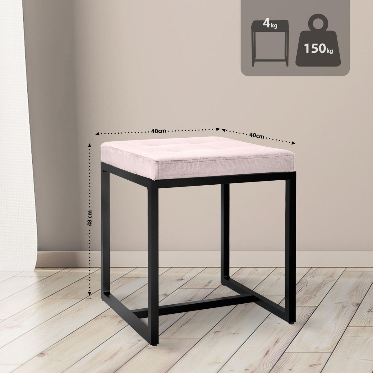 SITZWÜRFEL eckig 40/40/48 cm Samt creme - Creme/Schwarz, Textil/Metall (40/48/40cm) - CLP