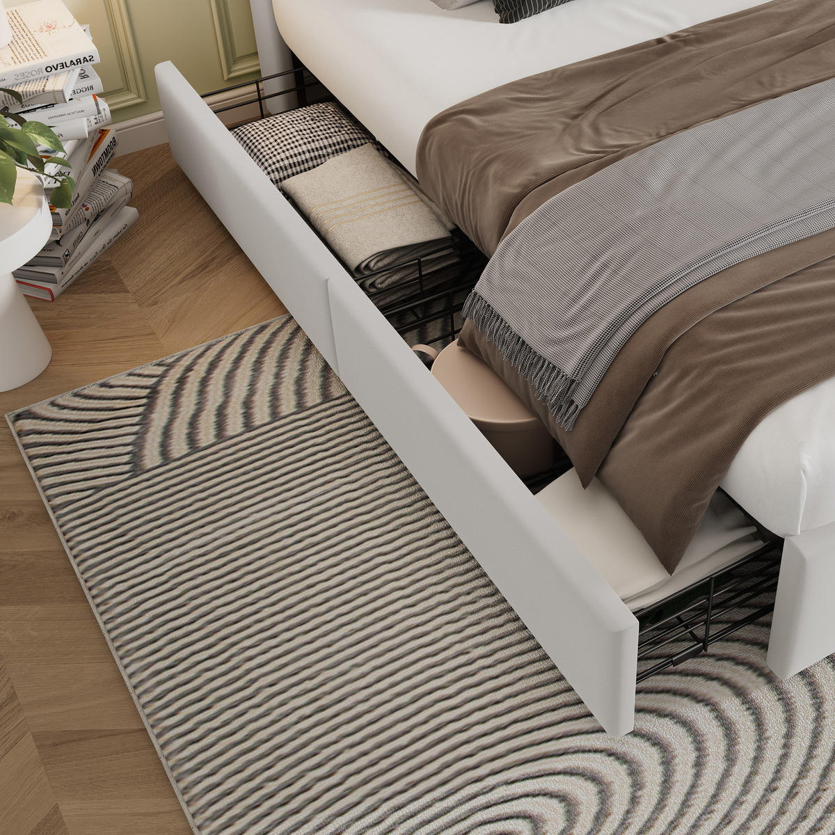 POLSTERBETT 160/200 cm in Beige Samt mit 4 Schubladen, Kabellosem Laden, USB und Type-C - Beige, Holzwerkstoff/Textil (160/200cm) - WISHDOR