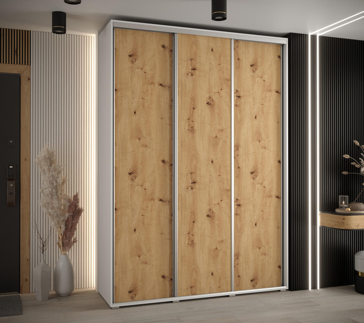 SCHWEBETÜRENSCHRANK 235,2/180/60 3-türig - Silberfarben/Eiche Artisan, Holz/Metall (180/235/60cm) - Abiks Möbel